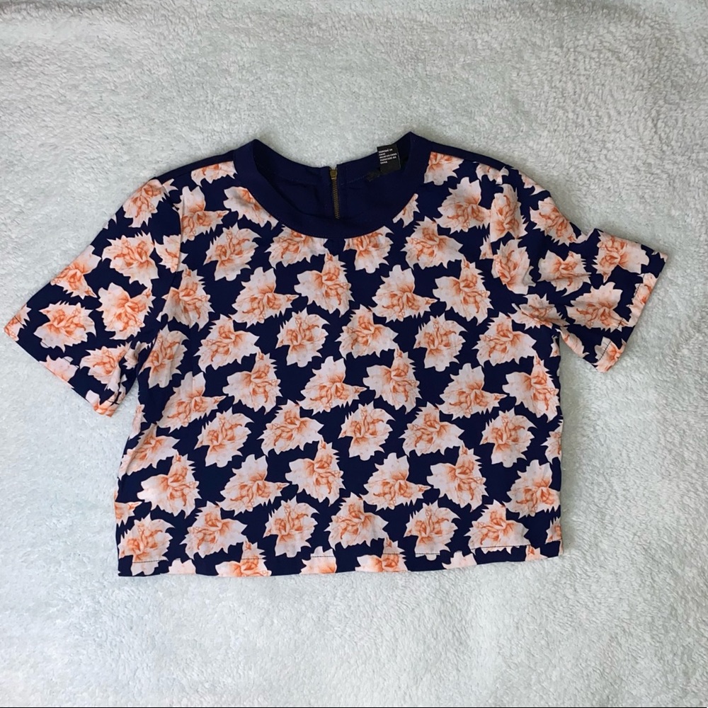 Blue and peach silk chiffon crop top